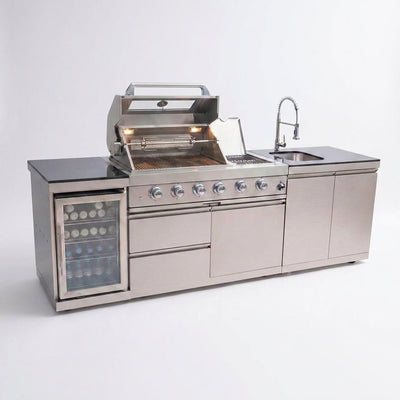 Outdoor Kitchen Island Built for Patio Cooking, 104 Inch Gas Grill, Stainless Steel Sink, Compact Refrigerator