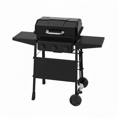 3-Burner Propane Gas Grill with Wheels and Side Shelves, Black