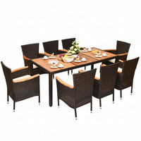 9-Piece Wicker Outdoor Dining Set with Acacia Wood Table and Stackable Cushioned Chairs Dining Set in Off-White