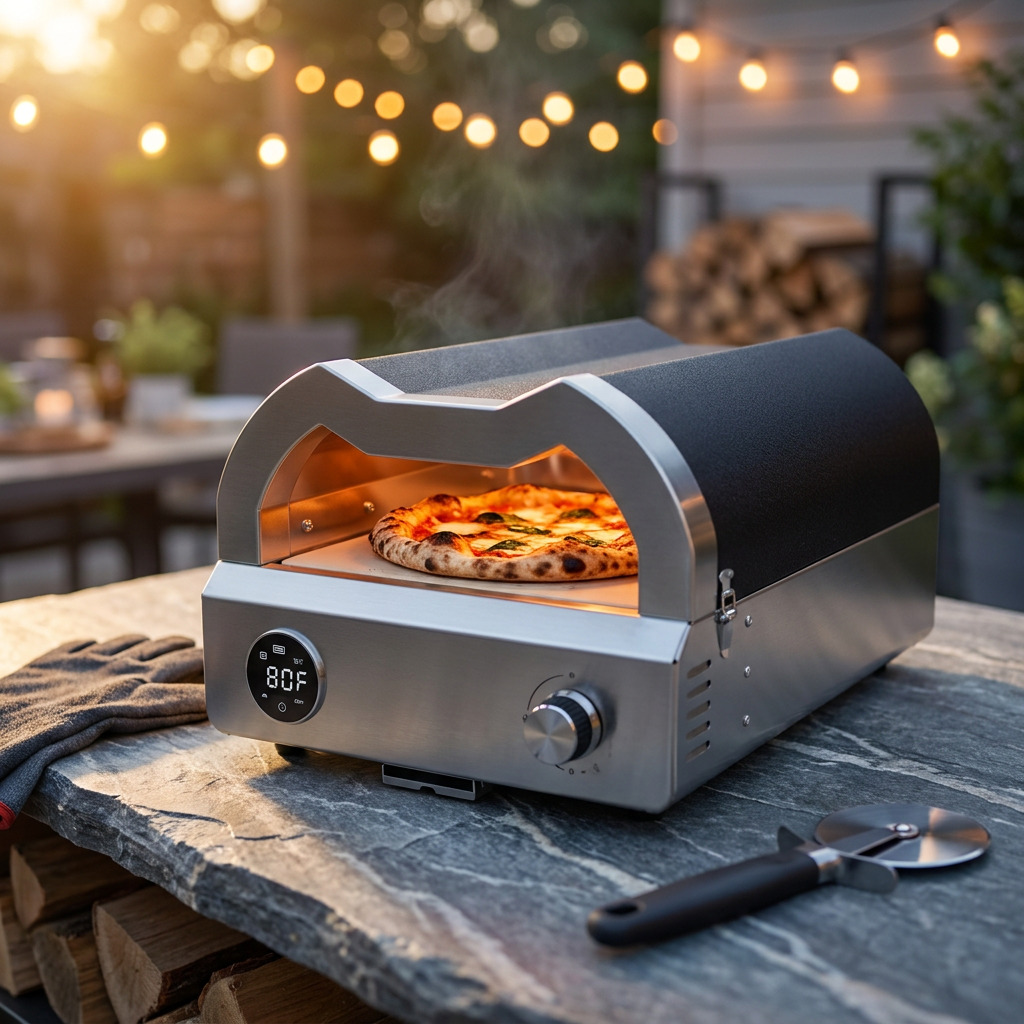 12 In. Propane Pizza Oven, Outdoor Pizza Oven in Black with Rotating Pizza Stone, Glove and Pizza Cutter — Studio Shot