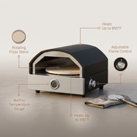 12 In. Propane Pizza Oven, Outdoor Pizza Oven in Black with Rotating Pizza Stone, Glove and Pizza Cutter — infographic
