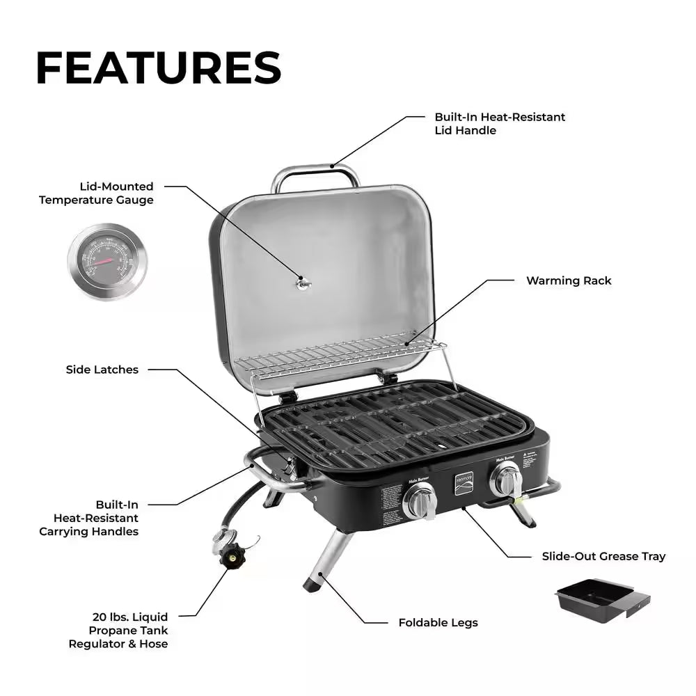 2-Burner Retro Portable Propane Gas Grill in Black