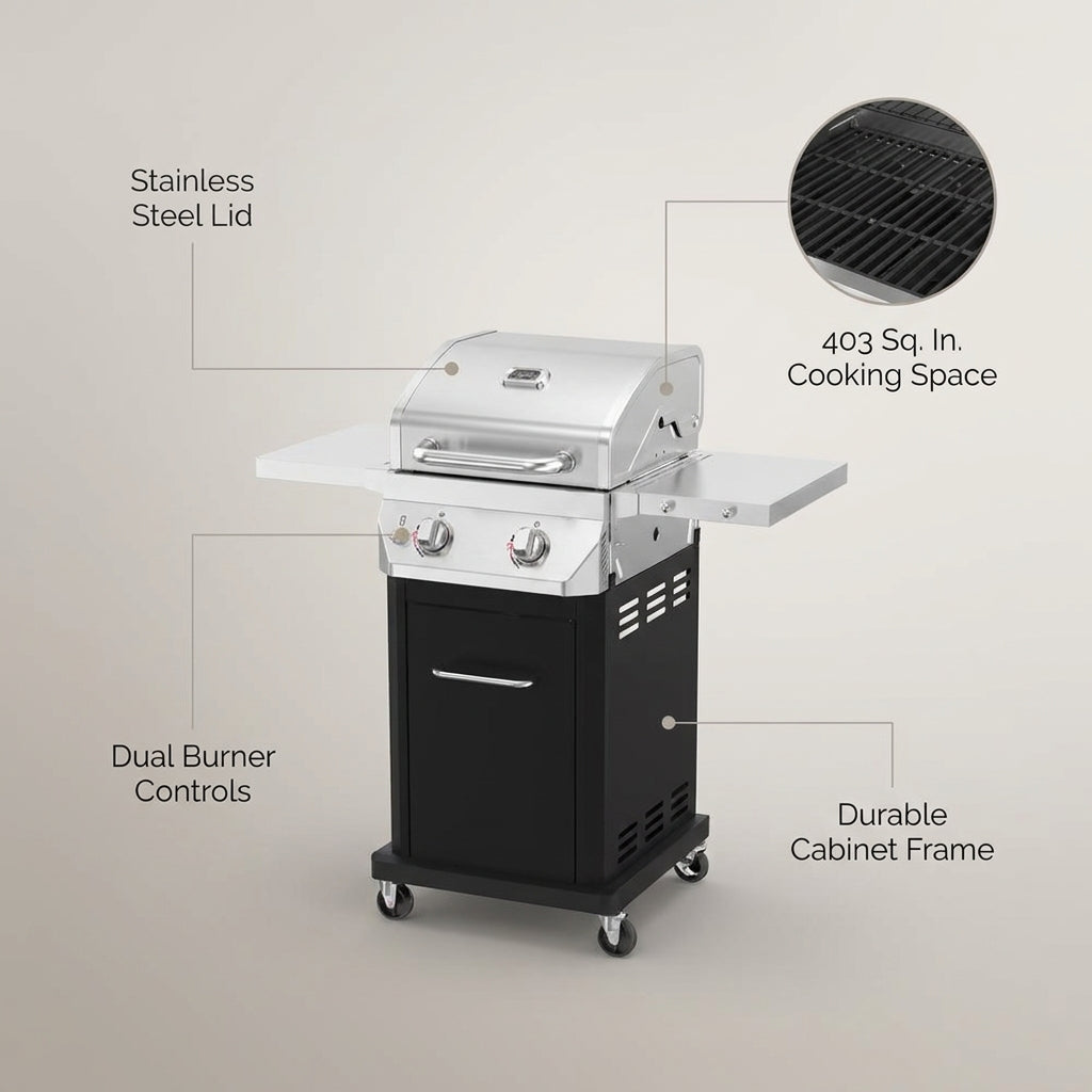 2 Burner Propane Gas Grill in Black — infographic