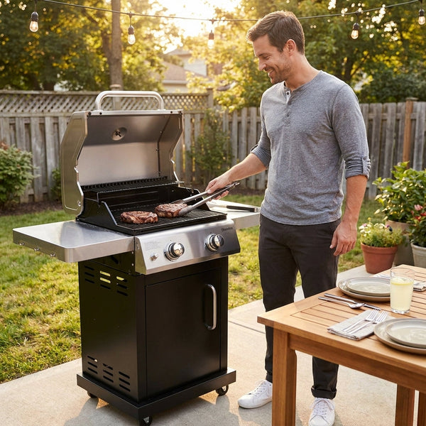 Propane Gas Grill Built for Compact Outdoor Cooking, 2 Burner 28,000 BTU, 403 Sq In, Stainless Steel