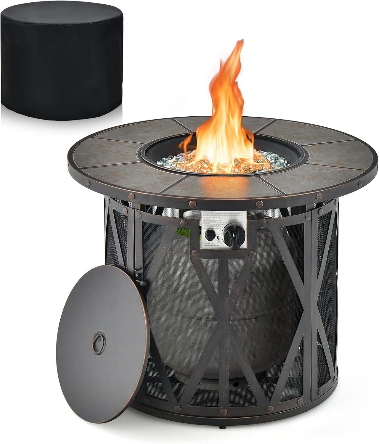 32 Inch Patio round Fire Pit Table, Patiojoy 30,000 BTU Propane Gas Fire Table with Fire Glasses & PVC Cover, Ceramic Tile Tabletop, Outdoor Fire Table for Backyard, Poolside
