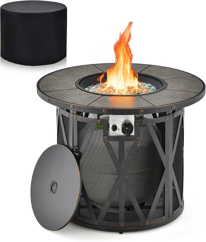 32 Inch Patio round Fire Pit Table, Patiojoy 30,000 BTU Propane Gas Fire Table with Fire Glasses & PVC Cover, Ceramic Tile Tabletop, Outdoor Fire Table for Backyard, Poolside