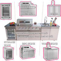 Modular Outdoor Kitchen BBQ Island, 104" Outdoor Kitchen Propane Gas Island Grill with Sink, Compact Refrigerator, Storage Cabinets, Rotisserie Kit (Silver, 104")