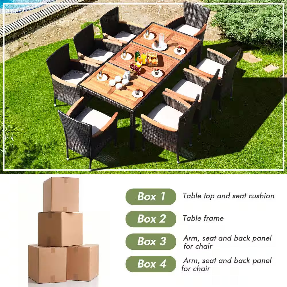 9-Piece Wicker Outdoor Dining Set with Acacia Wood Table and Stackable Cushioned Chairs Dining Set in Off-White