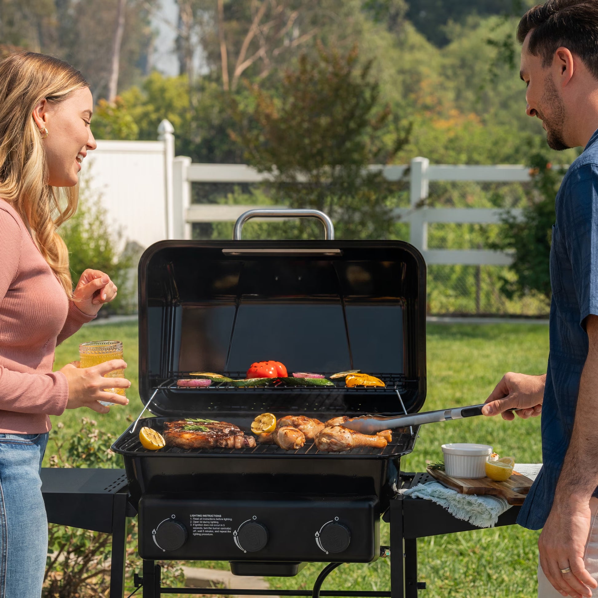 3-Burner Propane Gas Grill with Wheels and Side Shelves, Black