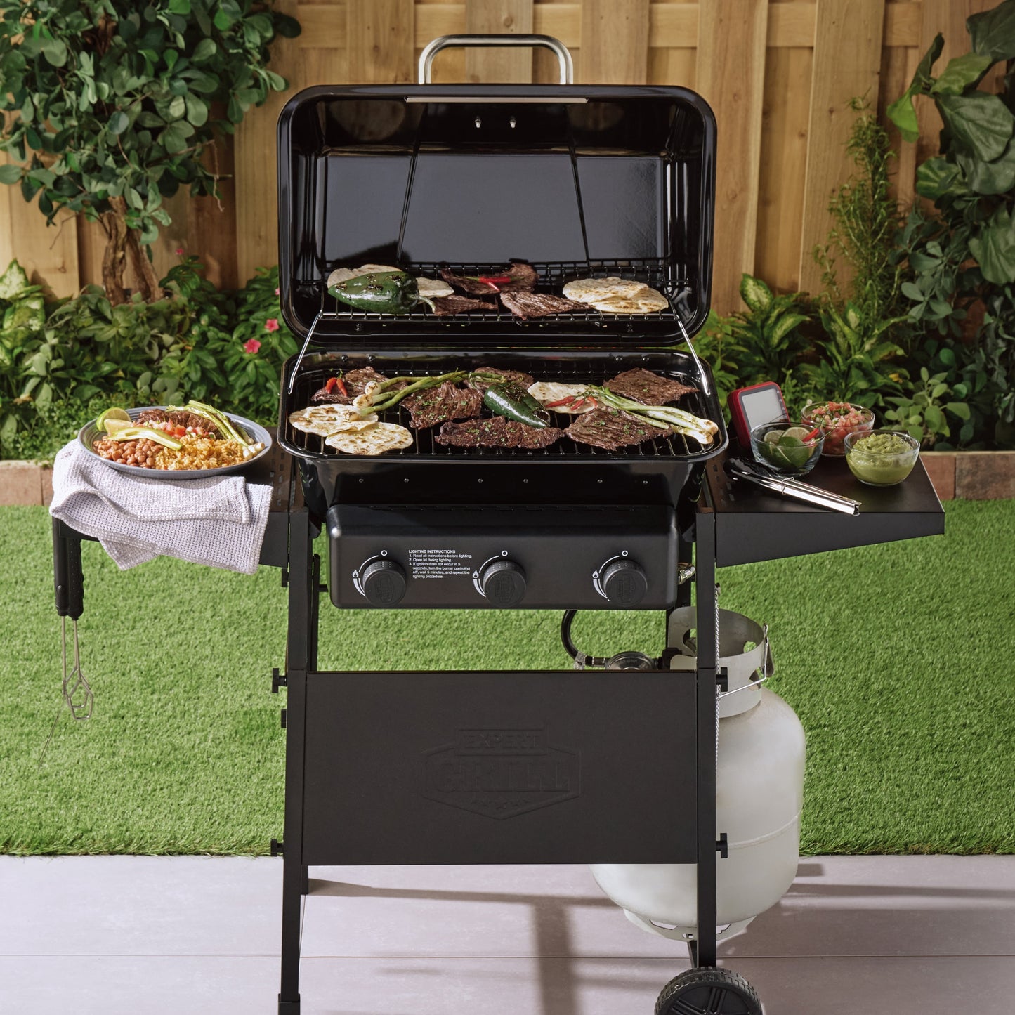 3-Burner Propane Gas Grill with Wheels and Side Shelves, Black