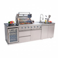 Modular Outdoor Kitchen BBQ Island, 104" Outdoor Kitchen Propane Gas Island Grill with Sink, Compact Refrigerator, Storage Cabinets, Rotisserie Kit (Silver, 104")