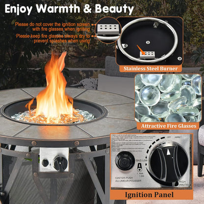 32 Inch Patio round Fire Pit Table, Patiojoy 30,000 BTU Propane Gas Fire Table with Fire Glasses & PVC Cover, Ceramic Tile Tabletop, Outdoor Fire Table for Backyard, Poolside
