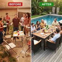 9-Piece Wicker Outdoor Dining Set with Acacia Wood Table and Stackable Cushioned Chairs Dining Set in Off-White — Before & After