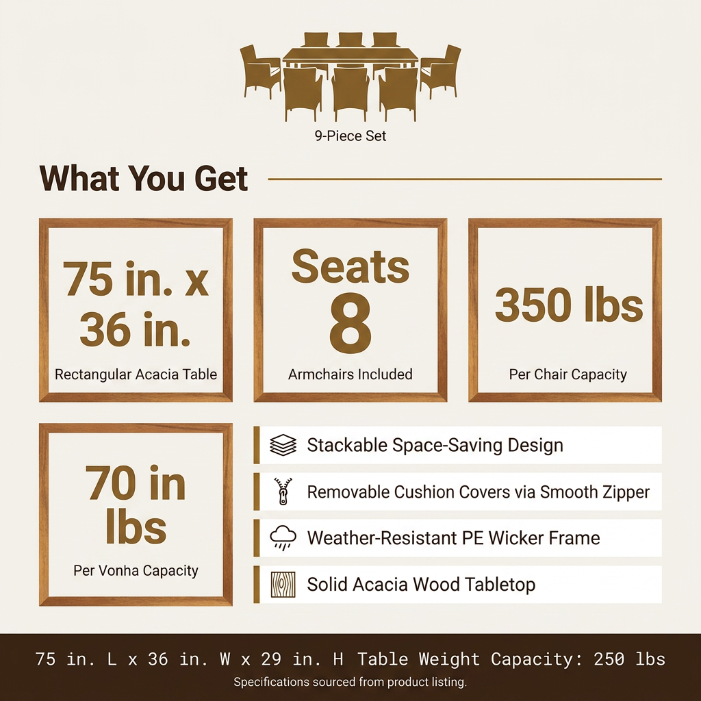 9-Piece Wicker Outdoor Dining Set with Acacia Wood Table and Stackable Cushioned Chairs Dining Set in Off-White — Results & Stats