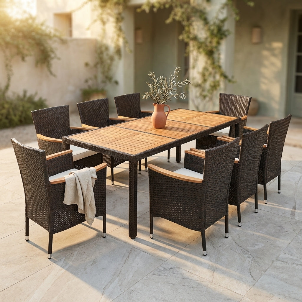 9-Piece Wicker Outdoor Dining Set with Acacia Wood Table and Stackable Cushioned Chairs Dining Set in Off-White — Studio Shot