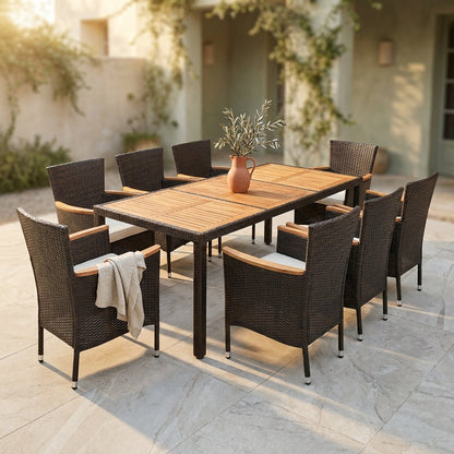 9-Piece Wicker Outdoor Dining Set with Acacia Wood Table and Stackable Cushioned Chairs Dining Set in Off-White — Studio Shot