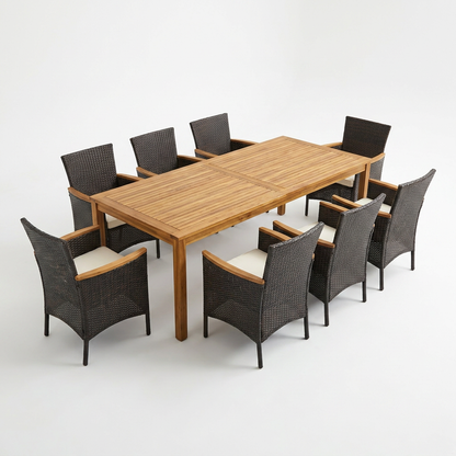 9-Piece Wicker Outdoor Dining Set with Acacia Wood Table and Stackable Cushioned Chairs Dining Set in Off-White — Studio Shot