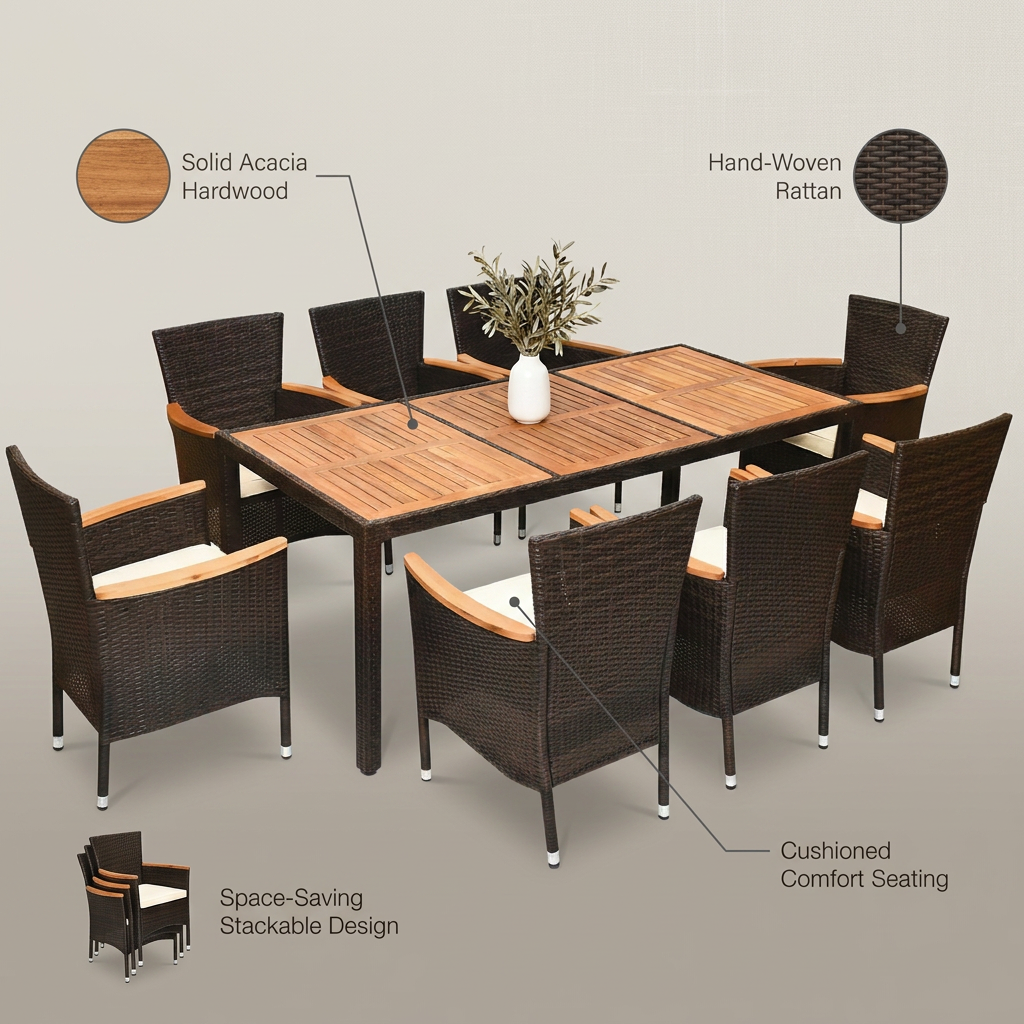 9-Piece Wicker Outdoor Dining Set with Acacia Wood Table and Stackable Cushioned Chairs Dining Set in Off-White — infographic