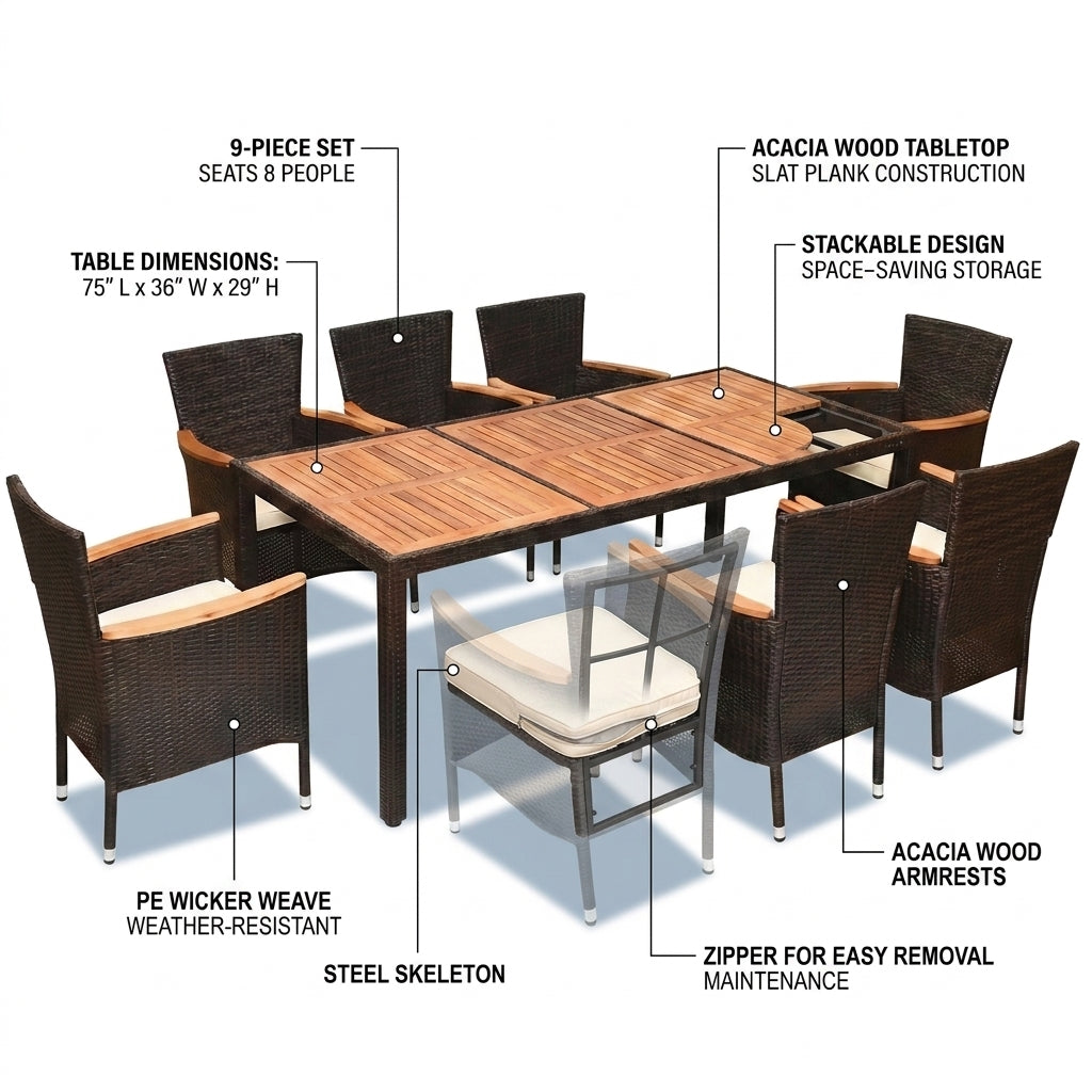 9-Piece Wicker Outdoor Dining Set with Acacia Wood Table and Stackable Cushioned Chairs Dining Set in Off-White — How It Works