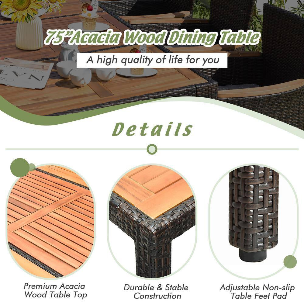 9-Piece Wicker Outdoor Dining Set with Acacia Wood Table and Stackable Cushioned Chairs Dining Set in Off-White
