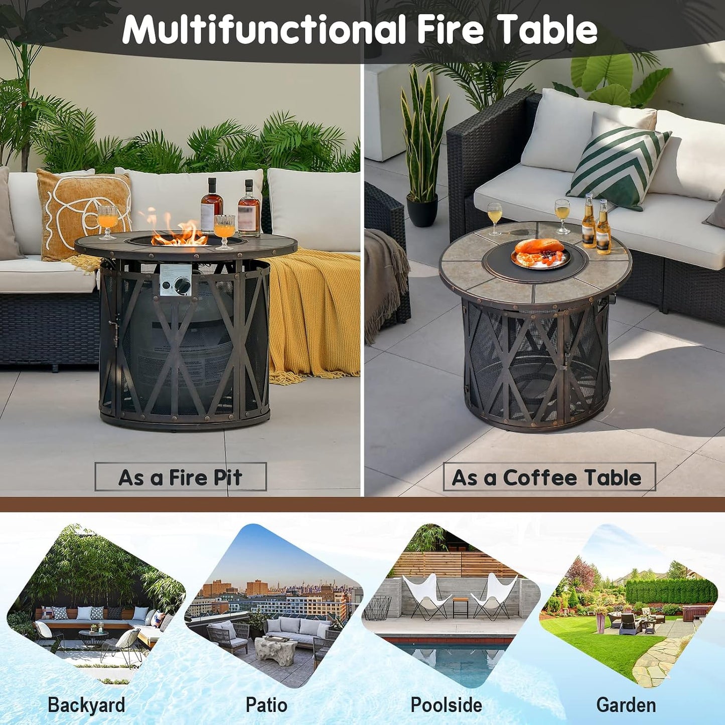 32 Inch Patio round Fire Pit Table, Patiojoy 30,000 BTU Propane Gas Fire Table with Fire Glasses & PVC Cover, Ceramic Tile Tabletop, Outdoor Fire Table for Backyard, Poolside