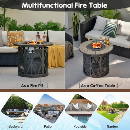 32 Inch Patio round Fire Pit Table, Patiojoy 30,000 BTU Propane Gas Fire Table with Fire Glasses & PVC Cover, Ceramic Tile Tabletop, Outdoor Fire Table for Backyard, Poolside