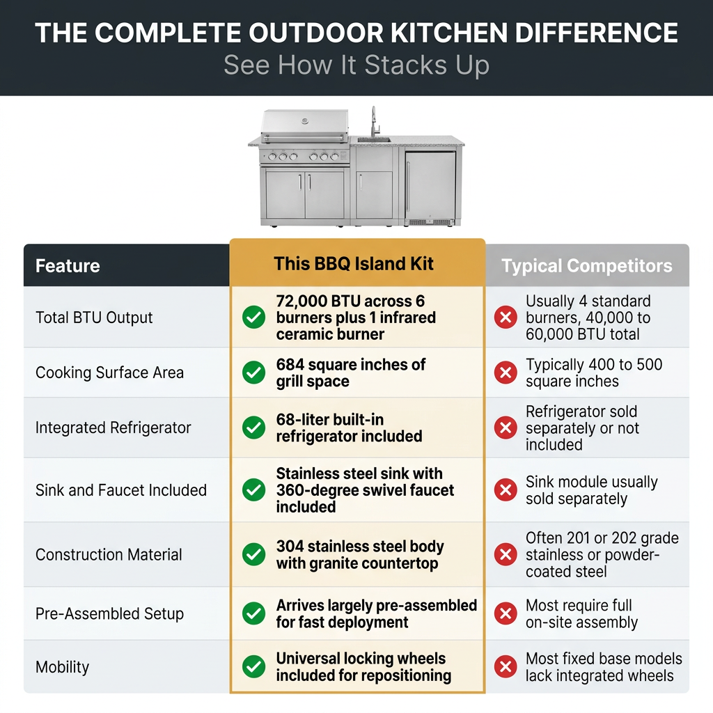 BBQ Island Outdoor Kitchen Kits, 4-Burner 72000 BTU Stainless Steel Modular 98 Inch Natural Gas Outdoor Kitchen Bar Barbecue Island Grill with Refrigerator and Sink for Patio Backyard — Comparison