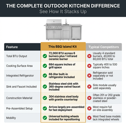 BBQ Island Outdoor Kitchen Kits, 4-Burner 72000 BTU Stainless Steel Modular 98 Inch Natural Gas Outdoor Kitchen Bar Barbecue Island Grill with Refrigerator and Sink for Patio Backyard — Comparison