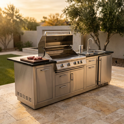 BBQ Island Outdoor Kitchen Kits, 4-Burner 72000 BTU Stainless Steel Modular 98 Inch Natural Gas Outdoor Kitchen Bar Barbecue Island Grill with Refrigerator and Sink for Patio Backyard — Studio Shot