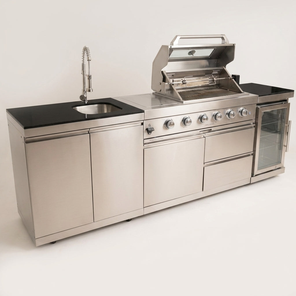 BBQ Island Outdoor Kitchen Kits, 4-Burner 72000 BTU Stainless Steel Modular 98 Inch Natural Gas Outdoor Kitchen Bar Barbecue Island Grill with Refrigerator and Sink for Patio Backyard — Studio Shot