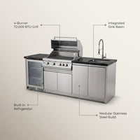 BBQ Island Outdoor Kitchen Kits, 4-Burner 72000 BTU Stainless Steel Modular 98 Inch Natural Gas Outdoor Kitchen Bar Barbecue Island Grill with Refrigerator and Sink for Patio Backyard — infographic