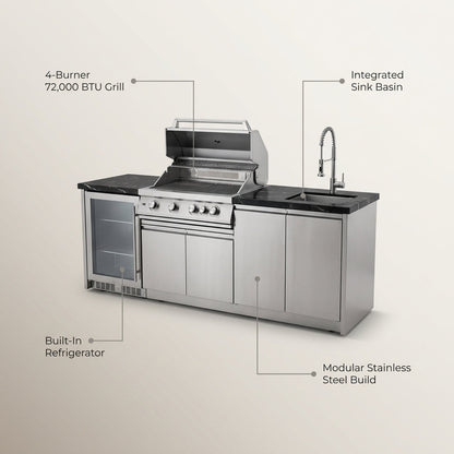 BBQ Island Outdoor Kitchen Kits, 4-Burner 72000 BTU Stainless Steel Modular 98 Inch Natural Gas Outdoor Kitchen Bar Barbecue Island Grill with Refrigerator and Sink for Patio Backyard — infographic
