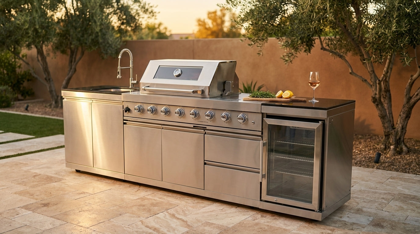 BBQ Island Outdoor Kitchen Kits, 4-Burner 72000 BTU Stainless Steel Modular 98 Inch Natural Gas Outdoor Kitchen Bar Barbecue Island Grill with Refrigerator and Sink for Patio Backyard — Lifestyle