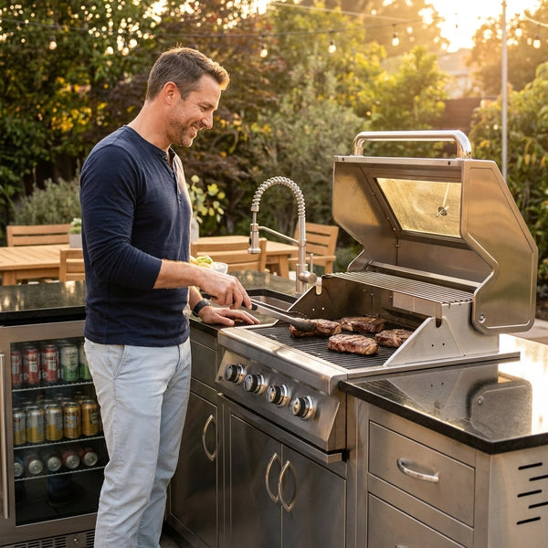 Outdoor Kitchen Grill Designed for Complete Backyard Cooking, 4-Burner 72000 BTU, Stainless Steel, Built-In Refrigerator