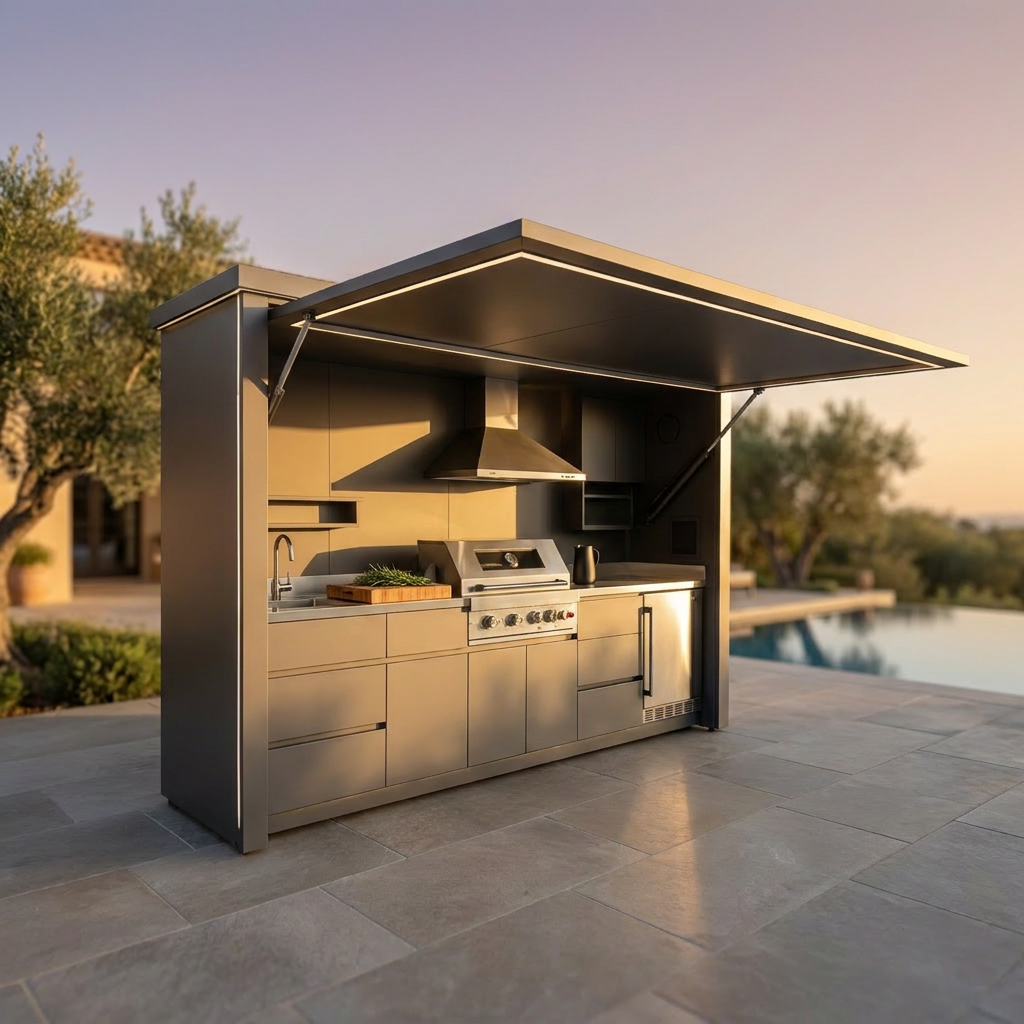 Customized Multi Functional Outdoor Kitchen BBQ Pod with Shelter Moisture Resistant Stainless Steel Outdoor Kitchen Patio Shed — Studio Shot