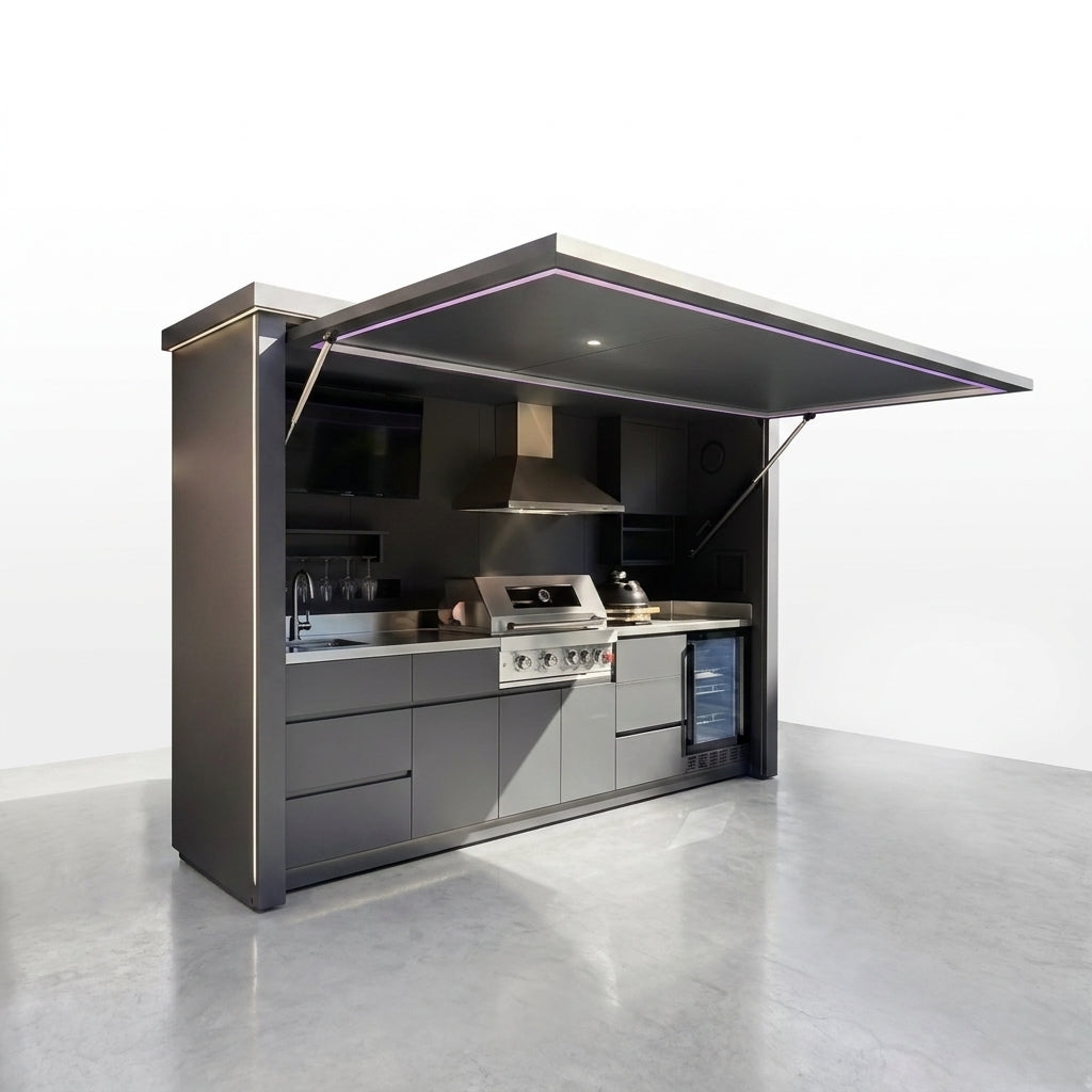 Customized Multi Functional Outdoor Kitchen BBQ Pod with Shelter Moisture Resistant Stainless Steel Outdoor Kitchen Patio Shed — Studio Shot