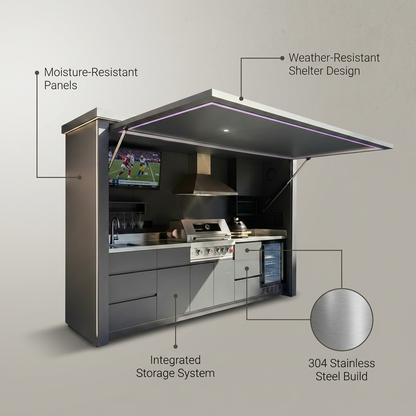 Customized Multi Functional Outdoor Kitchen BBQ Pod with Shelter Moisture Resistant Stainless Steel Outdoor Kitchen Patio Shed — infographic