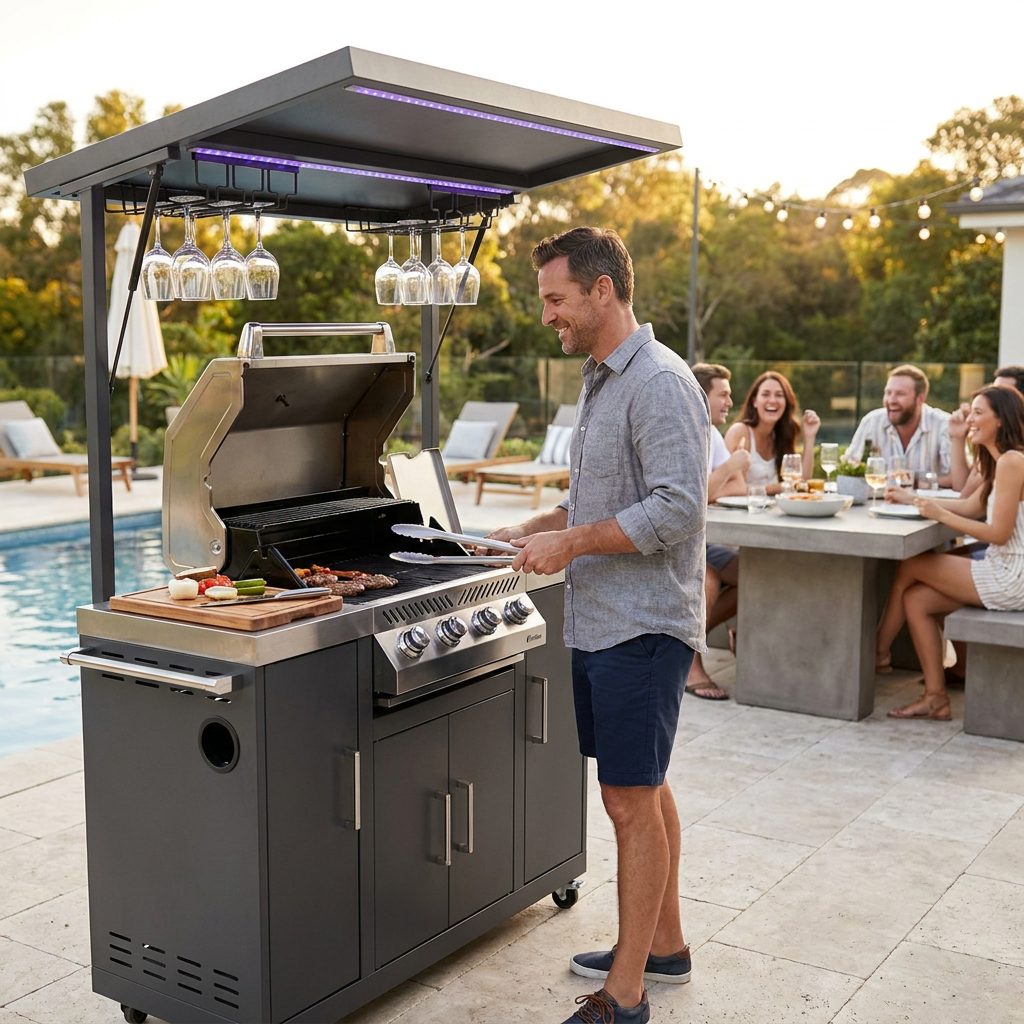 Customized Multi Functional Outdoor Kitchen BBQ Pod with Shelter Moisture Resistant Stainless Steel Outdoor Kitchen Patio Shed — Lifestyle