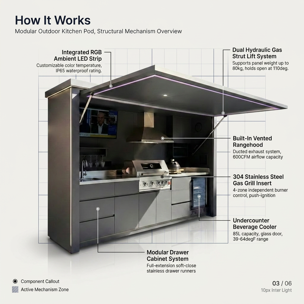 Customized Multi Functional Outdoor Kitchen BBQ Pod with Shelter Moisture Resistant Stainless Steel Outdoor Kitchen Patio Shed — How It Works