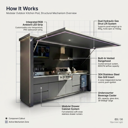 Customized Multi Functional Outdoor Kitchen BBQ Pod with Shelter Moisture Resistant Stainless Steel Outdoor Kitchen Patio Shed — How It Works