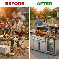 Modular Outdoor Kitchen BBQ Island, 104" Outdoor Kitchen Propane Gas Island Grill with Sink, Compact Refrigerator, Storage Cabinets, Rotisserie Kit (Silver, 104") — Before & After