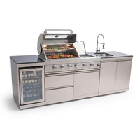 Modular Outdoor Kitchen BBQ Island, 104" Outdoor Kitchen Propane Gas Island Grill with Sink, Compact Refrigerator, Storage Cabinets, Rotisserie Kit (Silver, 104") — Studio Shot
