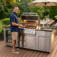 Modular Outdoor Kitchen BBQ Island, 104" Outdoor Kitchen Propane Gas Island Grill with Sink, Compact Refrigerator, Storage Cabinets, Rotisserie Kit (Silver, 104") — Lifestyle