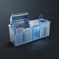 Modular Outdoor Kitchen BBQ Island, 104" Outdoor Kitchen Propane Gas Island Grill with Sink, Compact Refrigerator, Storage Cabinets, Rotisserie Kit (Silver, 104") — How It Works