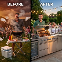 Outdoor Kitchen Island Built for Patio Cooking, 104 Inch Gas Grill, Stainless Steel Sink, Compact Refrigerator — Before & After