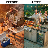 Outdoor Kitchen Island Built for Patio Cooking, 104 Inch Gas Grill, Stainless Steel Sink, Compact Refrigerator — Before & After
