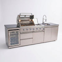 Outdoor Kitchen Island Built for Patio Cooking, 104 Inch Gas Grill, Stainless Steel Sink, Compact Refrigerator — Studio Shot