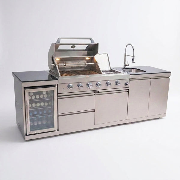 Outdoor Kitchen Island Built for Patio Cooking, 104 Inch Gas Grill, Stainless Steel Sink, Compact Refrigerator — Studio Shot