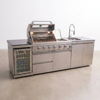 Outdoor Kitchen Island Built for Patio Cooking, 104 Inch Gas Grill, Stainless Steel Sink, Compact Refrigerator — Studio Shot