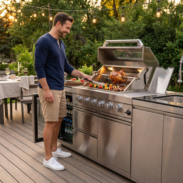 Outdoor Kitchen Island Built for Patio Cooking, 104 Inch Gas Grill, Stainless Steel Sink, Compact Refrigerator
